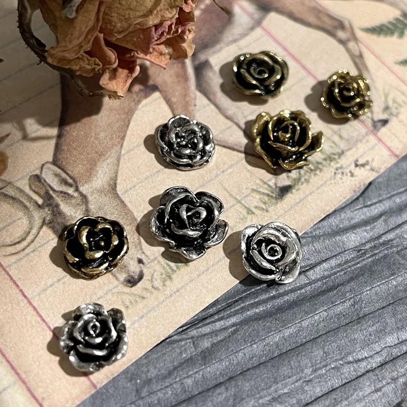 20pcs/Bag Nail Art Retro Alloy Camellia Rose Metal Texture Jewelry Dark Punk Style Flower Nail Charms Decorations Bulk Supply