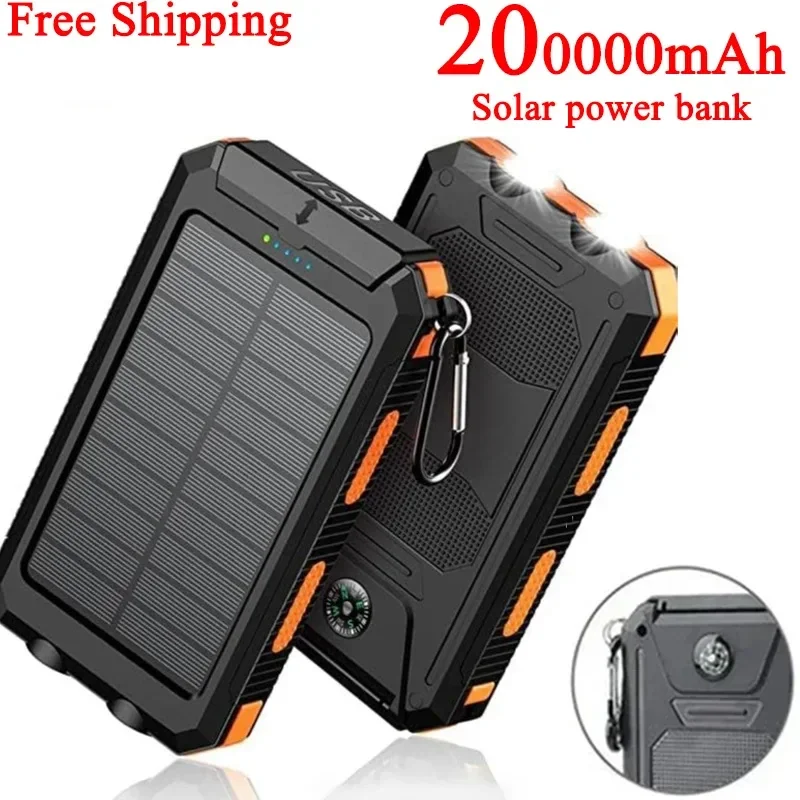 Portable Solar Power Bank, Outdoor, Wild Fishing, Camping Large Capacity Backup Power with Compass Supply, Rapid Charging, 20000