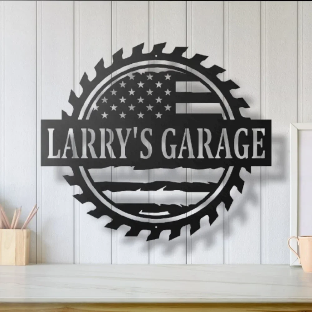 Custom Workshop Sign in Metal, Featuring Sawblade & American Flag. Ideal for Garage Art, A Statement Piece for Room Decoration