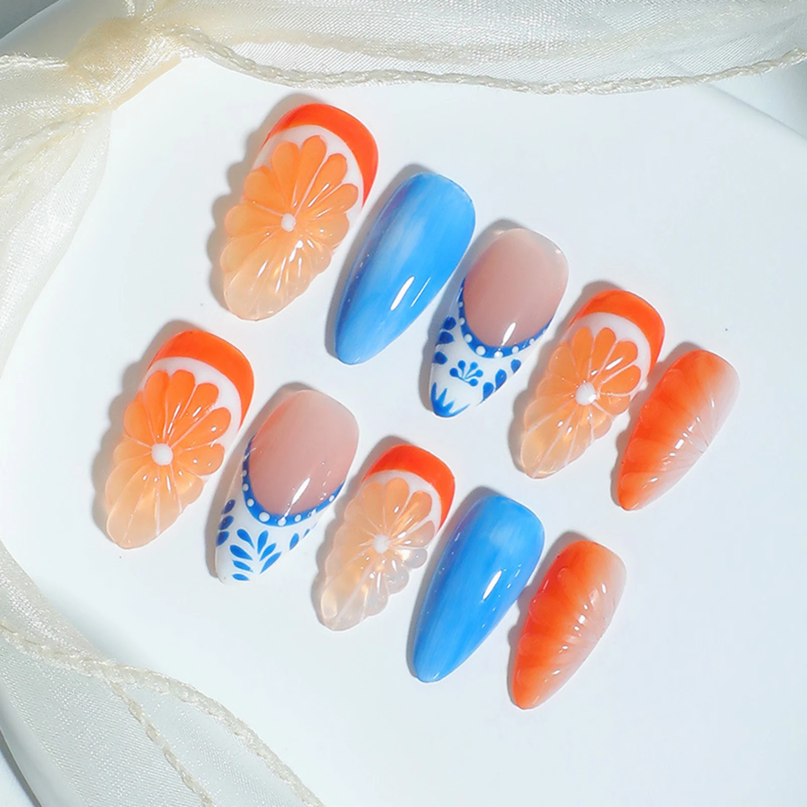 New Hot Blue Orange Almond Press on Nails Chip-Proof Smudge-Proof Fake Nails for Stage Performance Wear