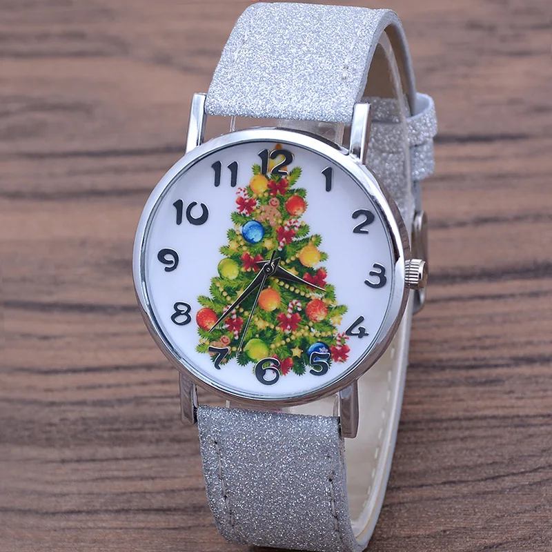 Montre à quartz avec bracelet en cuir brillant pour femme, arbre de Noël décontracté, cadeau d'anniversaire