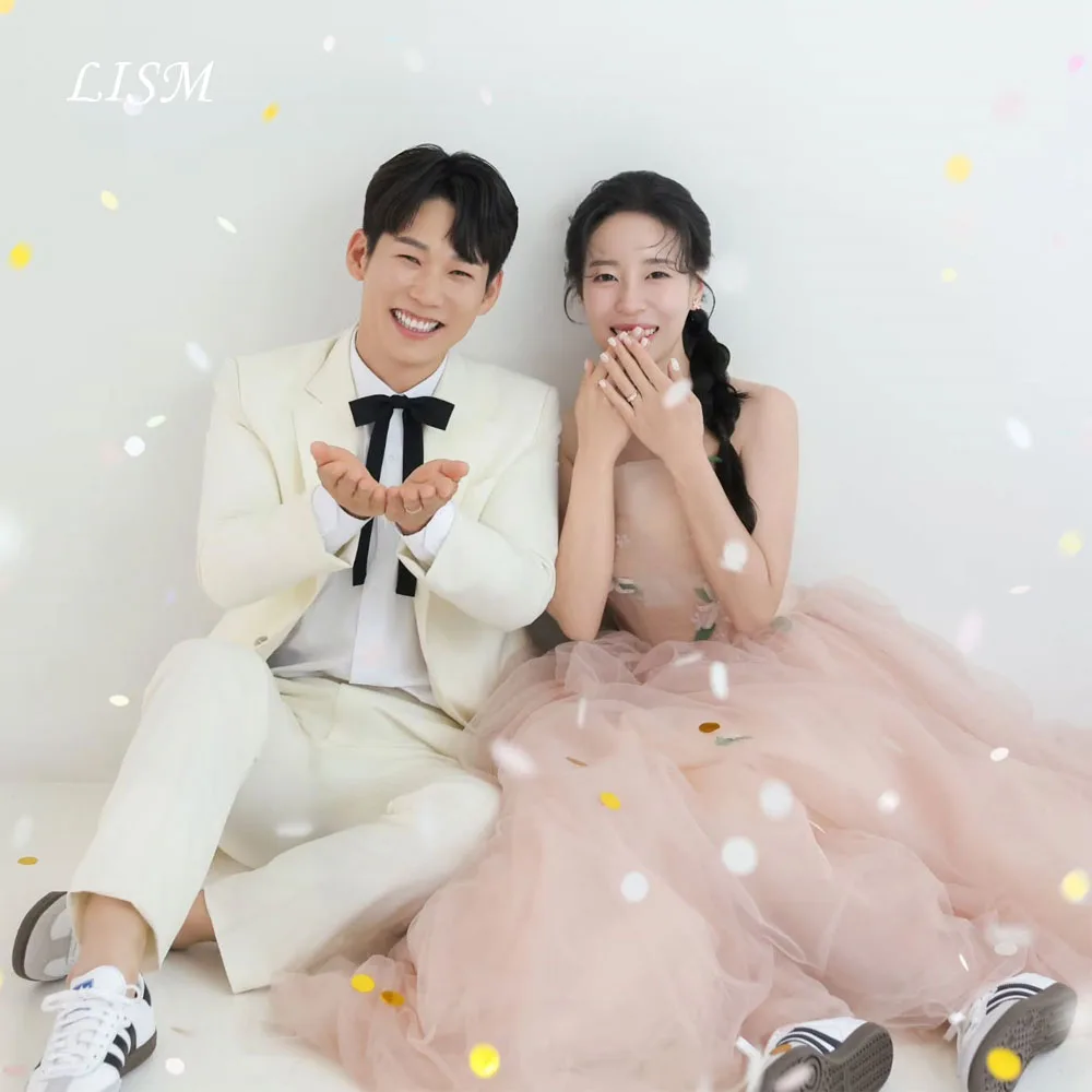 

LISM Light Pink A-Line Simple Korea Evening Dresses Silk Tulle Strapless Photo Shoot Customized Sweet Prom Gowns 저녁 드레스