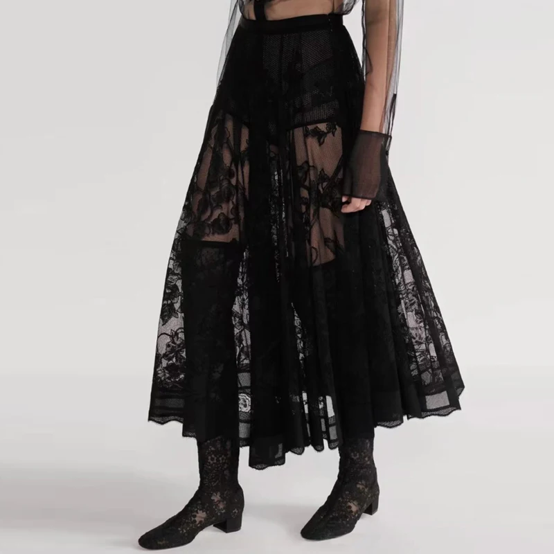 

Ele Embroidered Lace Vintage f Skirt with Hollow out Charm Faionable Spring Season Plant Floral Patterned Two-Piece Set