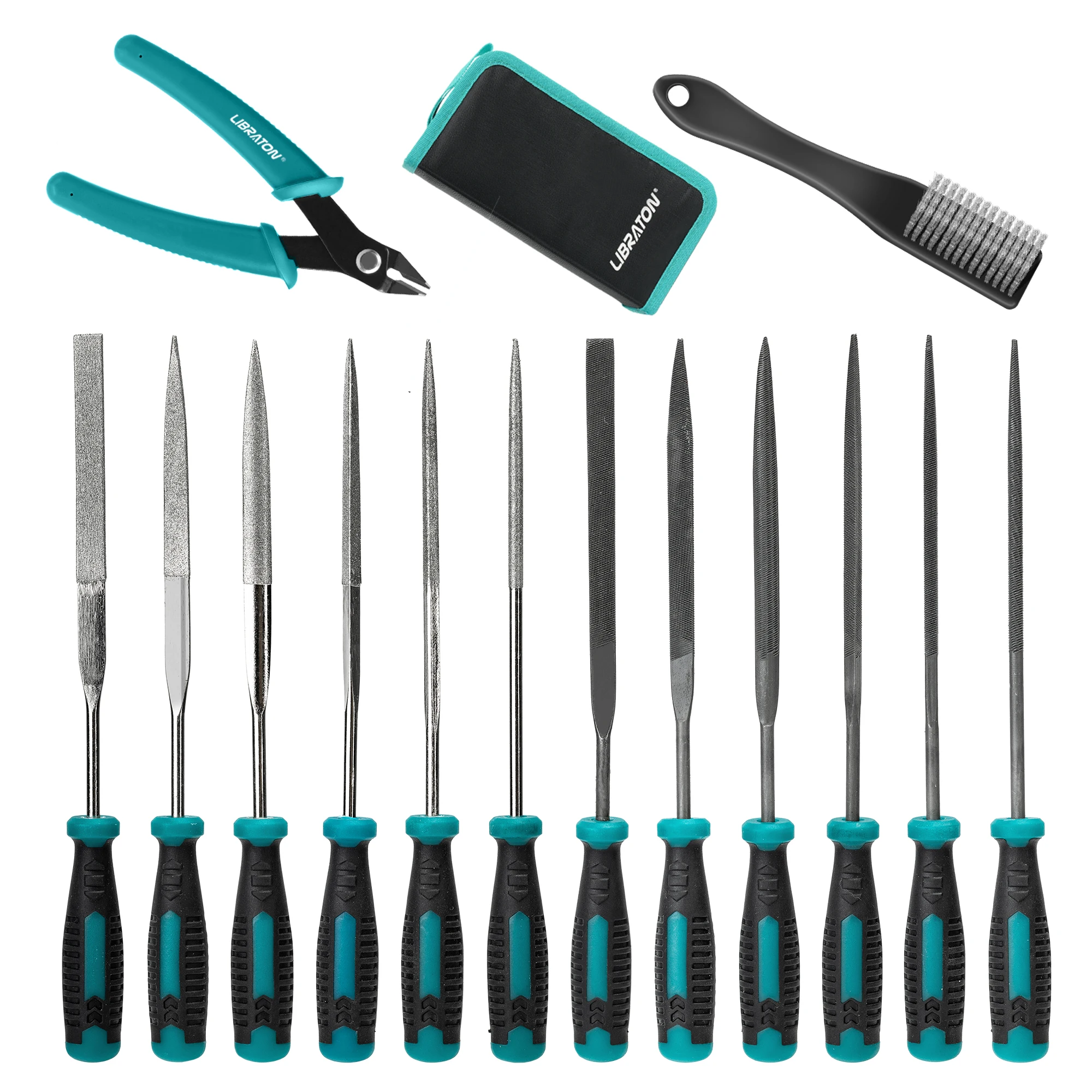 Libraton Diamond Needle File Set 14PCS Small File Set 6 Diamond Files & 6 Carbon Steel Files with Wire Cutter Steel Brush