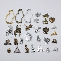 10pcs Charms Cute Cat Tibetan Bronze Silver Color Animal Pendants Antique Jewelry Making DIY Handmade Craft