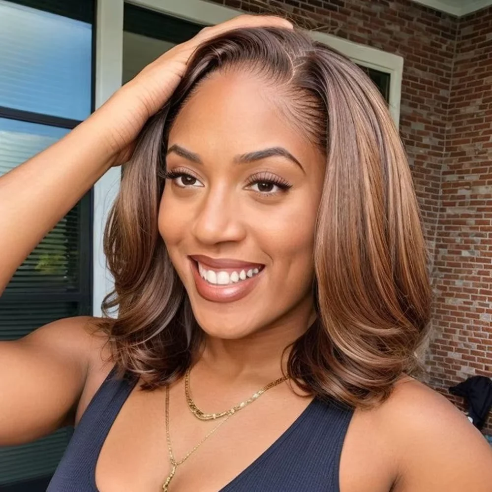 

250 High Density Toffee Brown Mix Blonde 14 Inch Short Human Hair Bob Wig Glueless Pre Plucked 5x5 HD Lace Closure Wig For Women