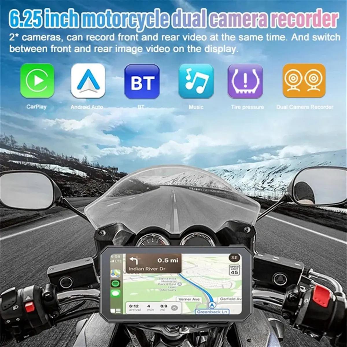 Compatible 6.25 Inch Motorcycle DVR Wireless CarPlay for Android Auto GPS Navigation Monitor Bluetooth Waterproof Touchscreen