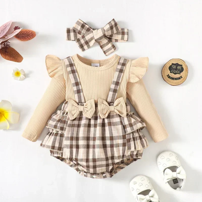 0-18M Spring Fall Newborn Baby Girls Romper Infant Knit Ruffle Bow Bodysuit Soft Long Sleeve Lattice Splice Jumpsuit