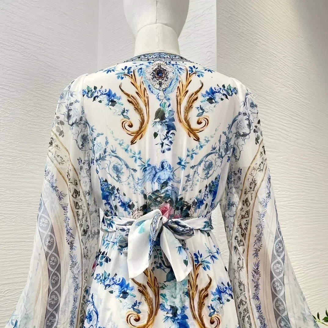 Vestido de manga larga con estampado Floral para mujer, vestido Midi de alta calidad, azul y blanco, primavera y verano, novedad de 2024