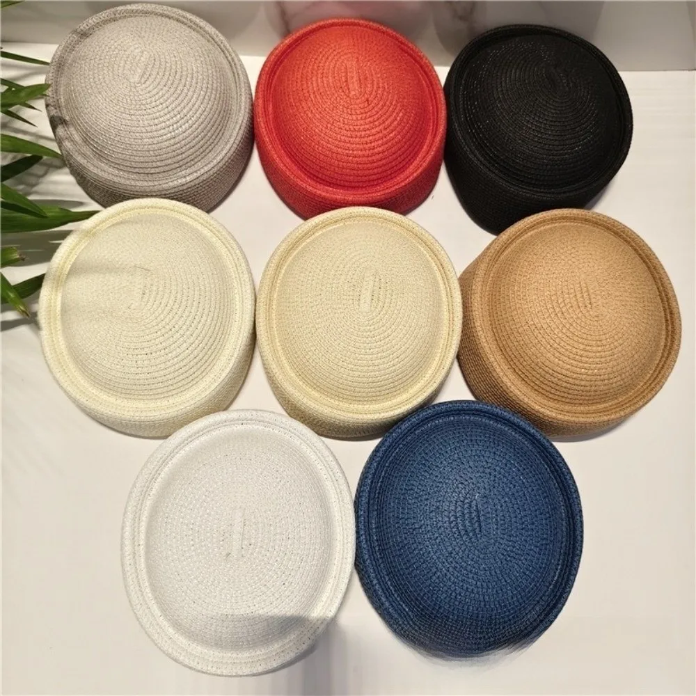 Breathable Beret Sun Hat Circle Concave Top Flat Top Handemad Straw Pillbox Hat Handmade Straw Straw Sun Hat Women Headwear