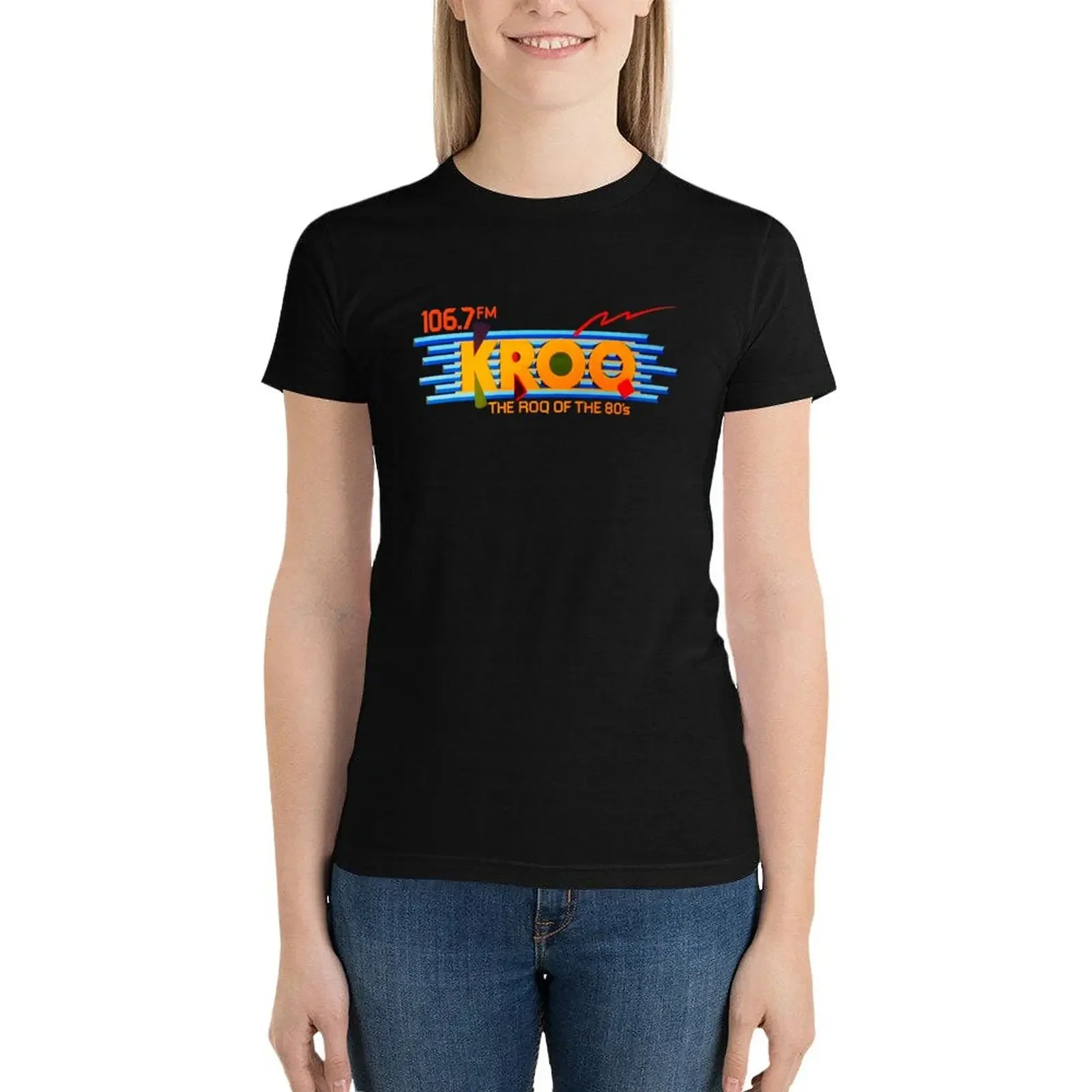 KROQ 106.7 1980s Los Angeles new wave alternative rock radio station T-Shirt funny oversized western t shirts for Women