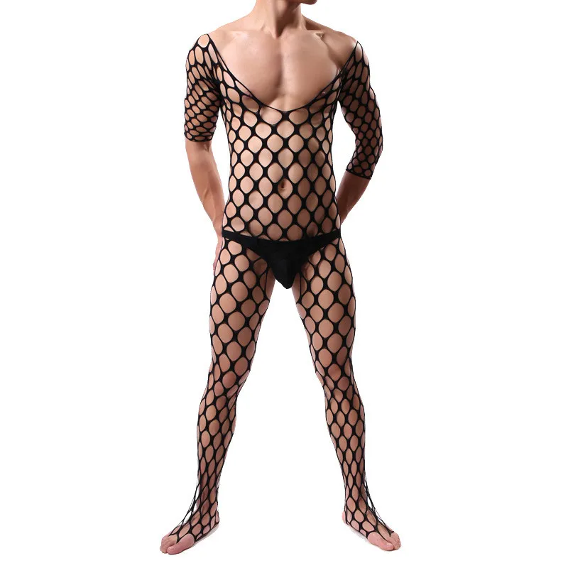 Fetish Gay Crotchless Fishnet Bodystocking Sexy Porn Men's Bodysuit See Through Body Stocking Erotic Sissy Crossdress Lingerie