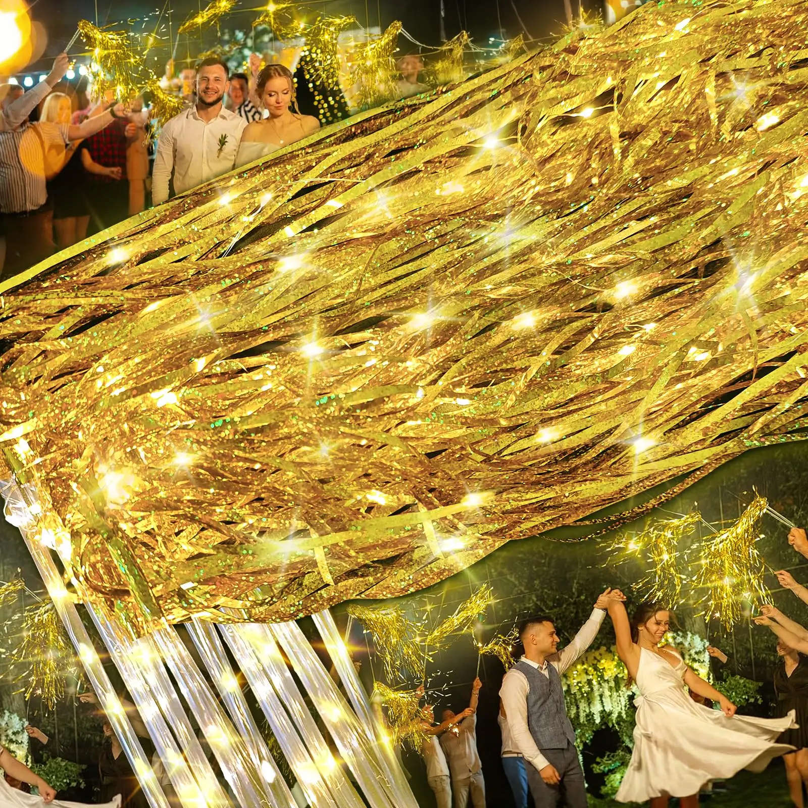 

20-100Pcs Light Up Wedding Sparklers Wedding Wands Ribbon Streamers LED Silk Fairy Wands with Bells for Birthday Concert Raves