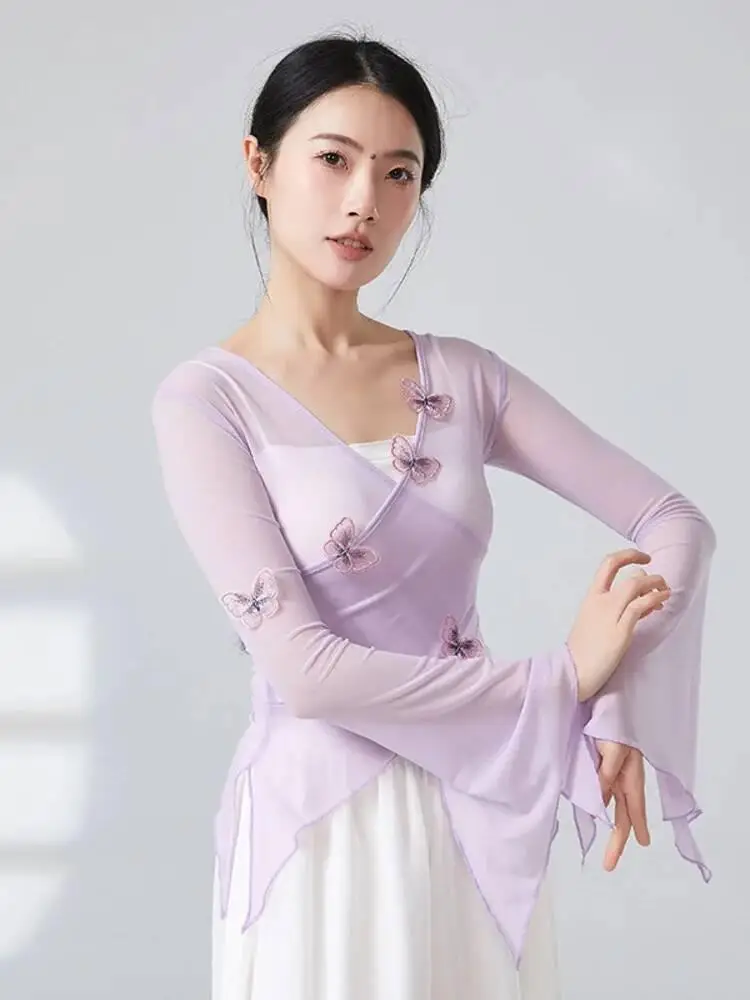 3D-Schmetterlings-Mesh-Tanzoberteil mit Glockenärmeln für Damen, langärmelig, schmale Passform, moderne Bühnenbekleidung, zeitgenössisches Jazz-Performance-Shirt