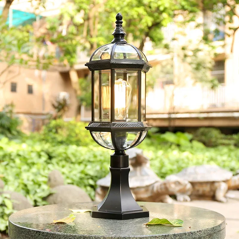 

New Design Vintage Fancy Main Gate E27 Black Glass Decorative Outdoor Waterproof IP55 Solar Led Pillar Light