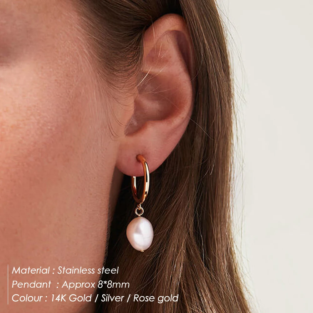 EManco Fashion Natural Freshwater Pearl Pendant Earrings Large Hoop Stainless Steel Gold Color Earrings Gifts for Women