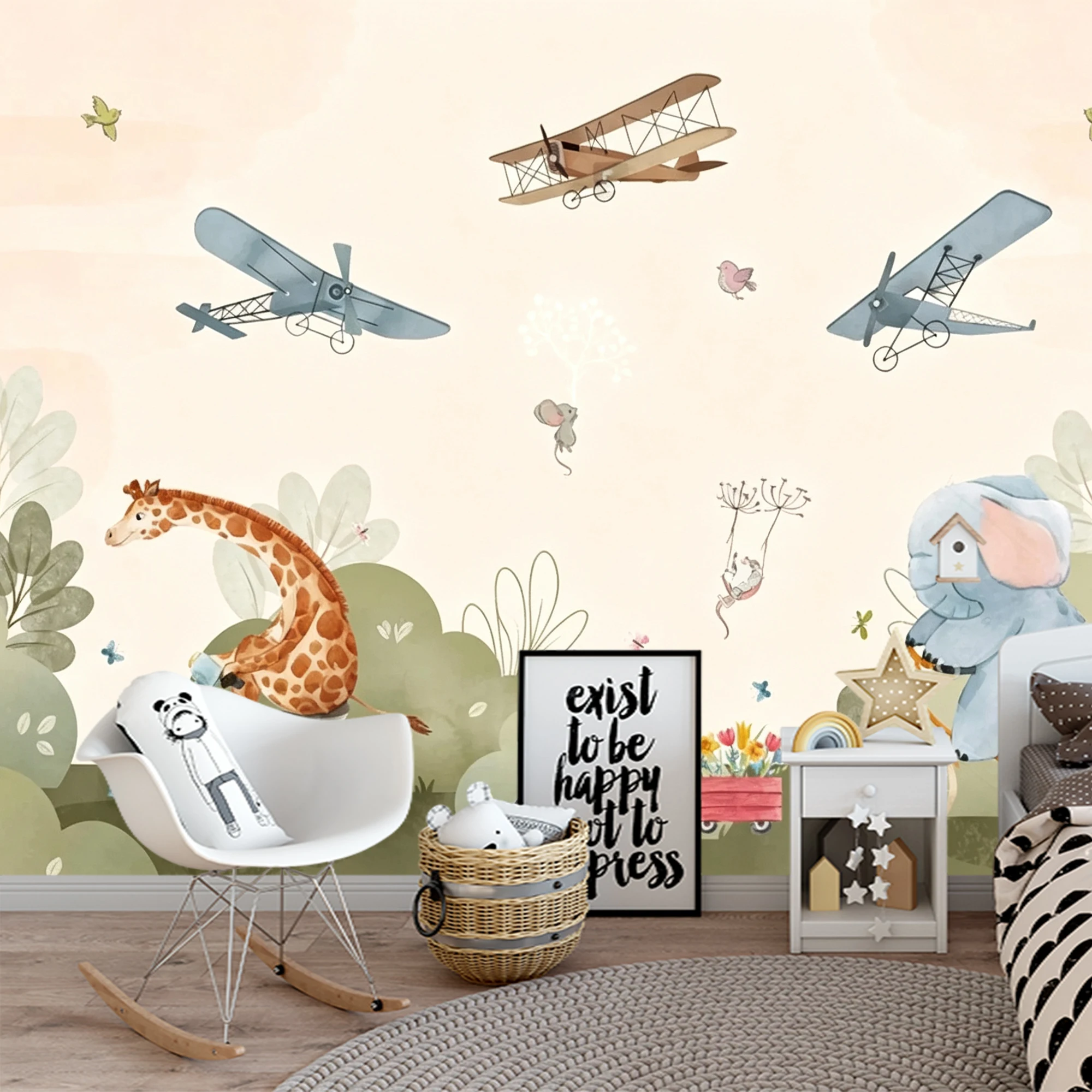 Custom Kids Wallpaper Giraffe Elephant Hedgehog Bicycle Airplane Forest Mural for Baby Nursery Bedroom Wall Decor
