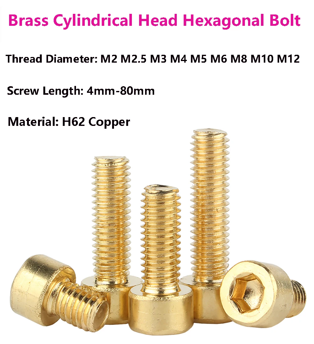 

H62 Copper Hex Socket Head Screw Home Decor Accessories Wear Corrosion Resistant M2 M2.5 M3 M4 M5 M6 M8 M10 M12 Assorted Sizes