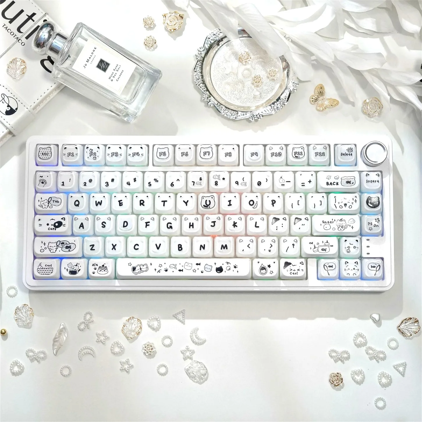 

MAO Profile Cute Jelly Line Cat Head Keycaps 120 Keys Crystal Double Layer Transparent PC for Girls Mechanical Keyboard