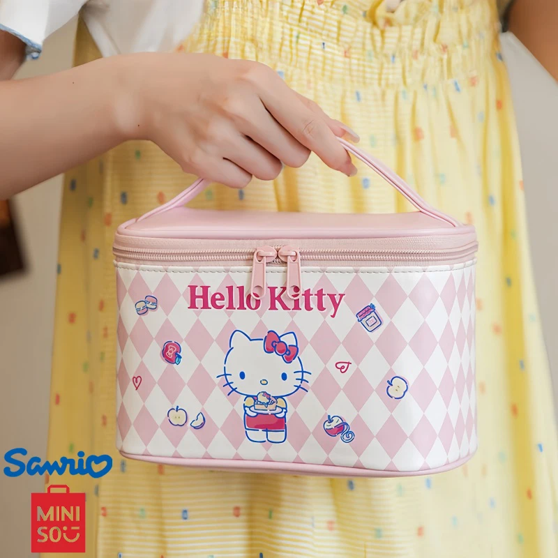 MINSO Senrio Kuromi Make Up Bag Cartoon Cute Large Capacity PU Travel Portable Toiletbag Bucket-shaped Hello Kitty Cosmetic Bag