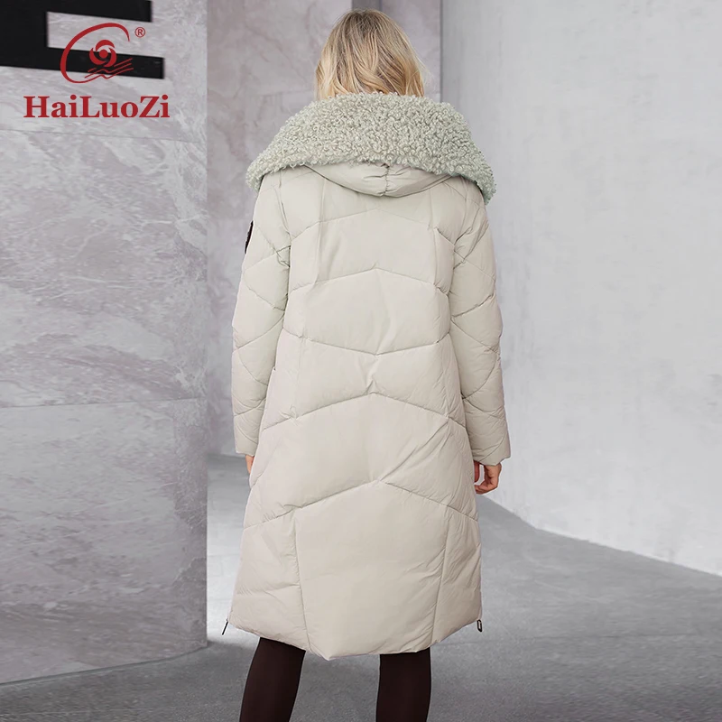 HaiLuoZi 2022 New Winter Women\'s Jacket Long Thick Bio Cotton Big Pocket Hood Zipper Lamb Fur Classic Female Parka Women Coat 51