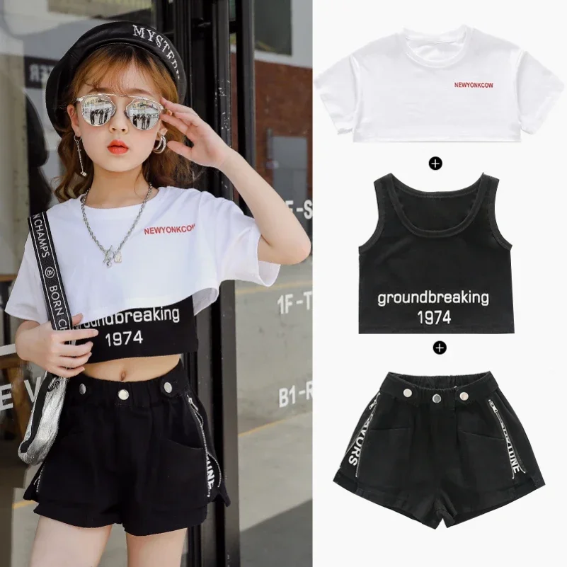 

New Summer Fashion Girls Clothes Three-piece Sets Sweatshirt Short T-shirt Skinny Vest Shorts Letters Printed Girls Suits 3-13Y