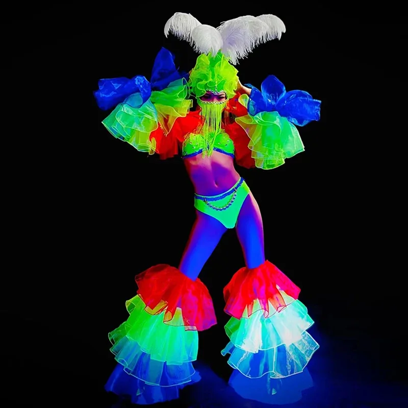 

Feather Headdress Bikini Nightclub Gogo Show Dancing Performance Clothing Suit Fluorescent Color Creative Stage Costumes