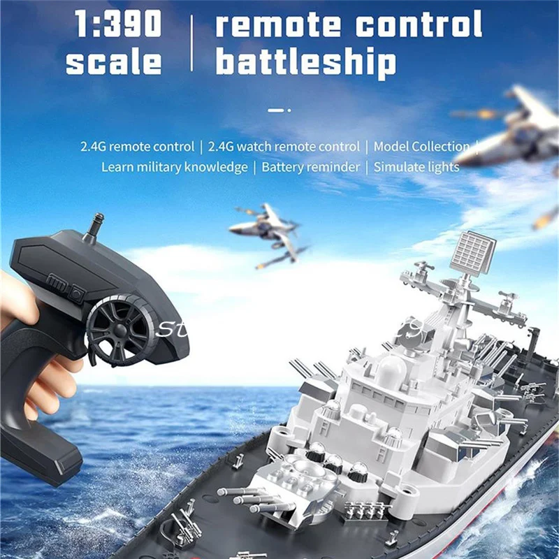 60CM 1:390 Scale High Speed Remote Control Boat 2.4G 4CH Low Battery Alarm Leave Water Induction Simulate Lights RC Boat Warship