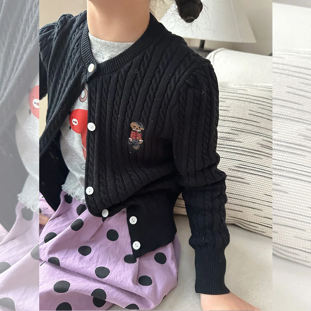 2024 Spring New Children Long Sleeve Knitted Cardigan Jacket Toddler Girls Cartoon Embroidery Knitwear Kids Casual Sweater Coat