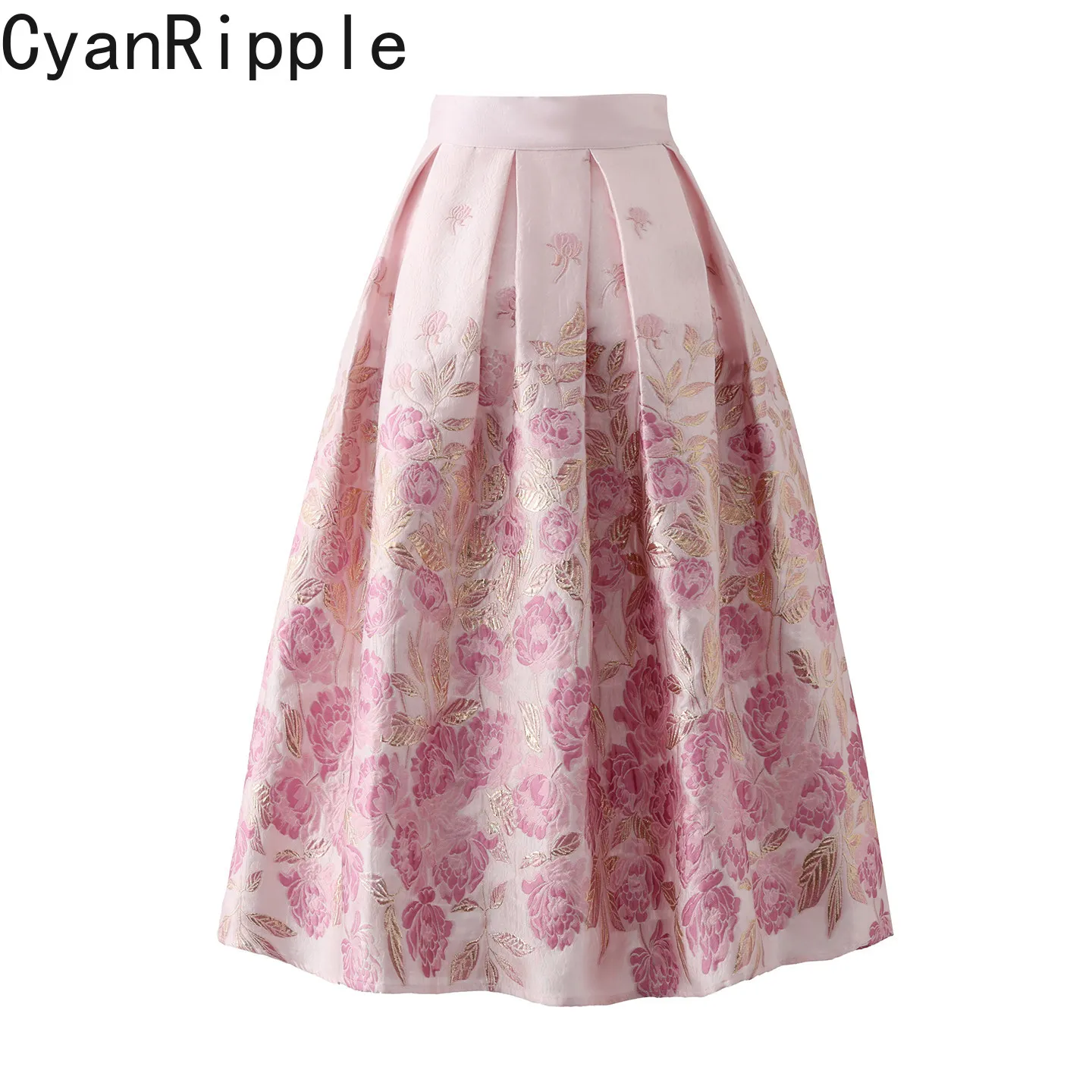 High Quality Original Spring Summer Women Pink Jacquard Mid-long Sweet A-line Skirt Elegant High Waist All-match Princess Skirts