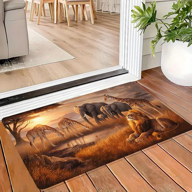 Lion Deer Elephant Print Doormat, Non-Slip Entryway Rug, Durable Washable Floor Mat for Home and Holiday Decor