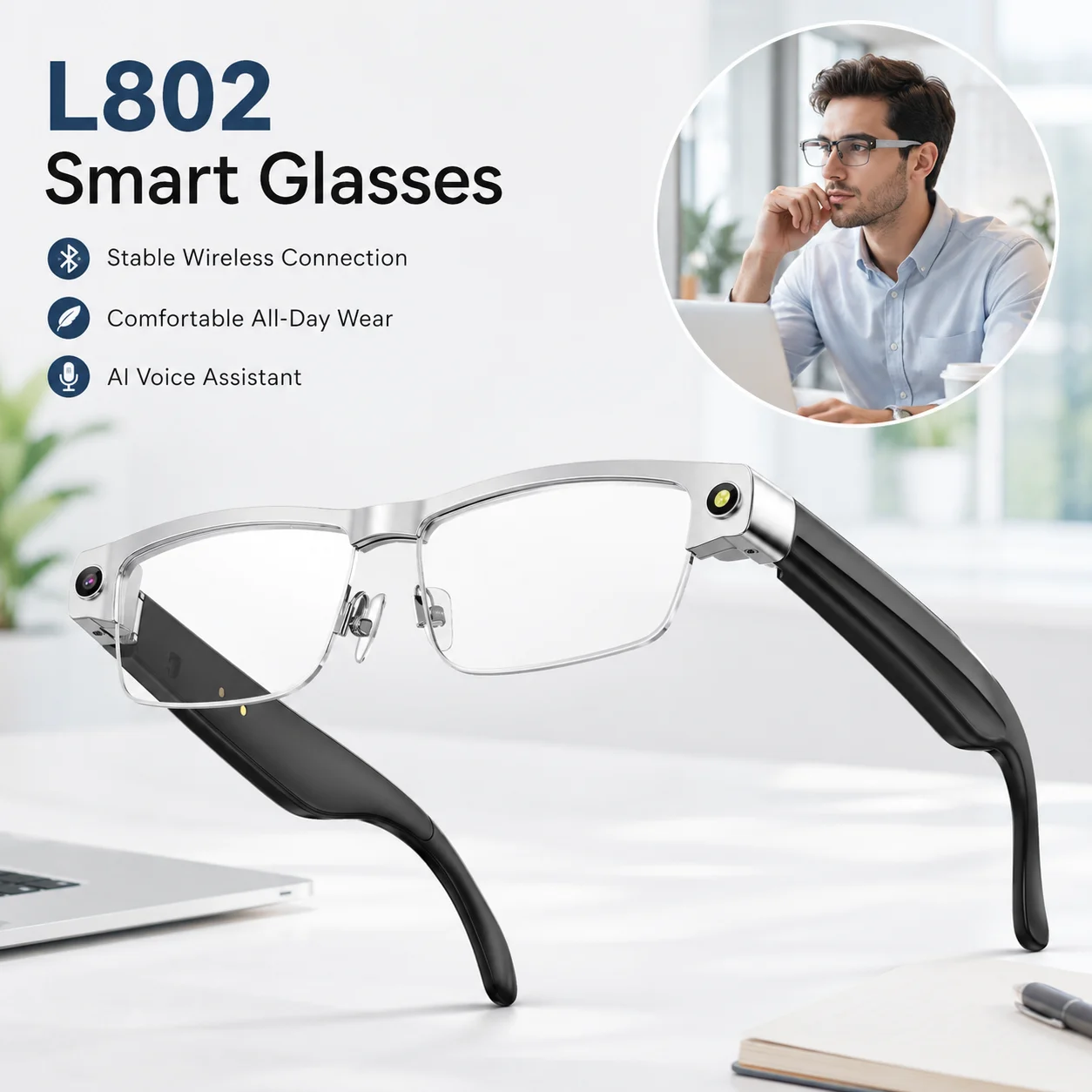 L802 AI Office Smart Glasses Multi-language Meeting Audio Recording Real-time Translate ENC Clear Call Touch Control Business