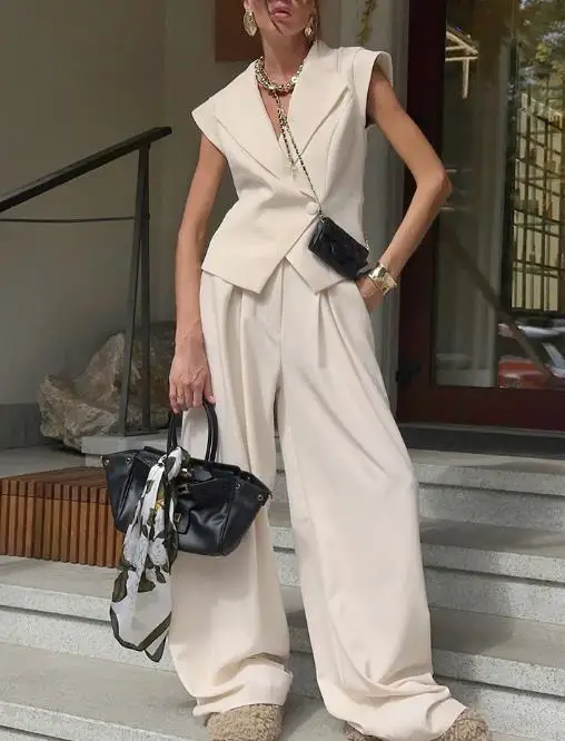 

Женский комплект из двух предметов, весенний новый однотонный блейзер без рукавов с отложным воротником и широкие брюки с карманами и высокой талией