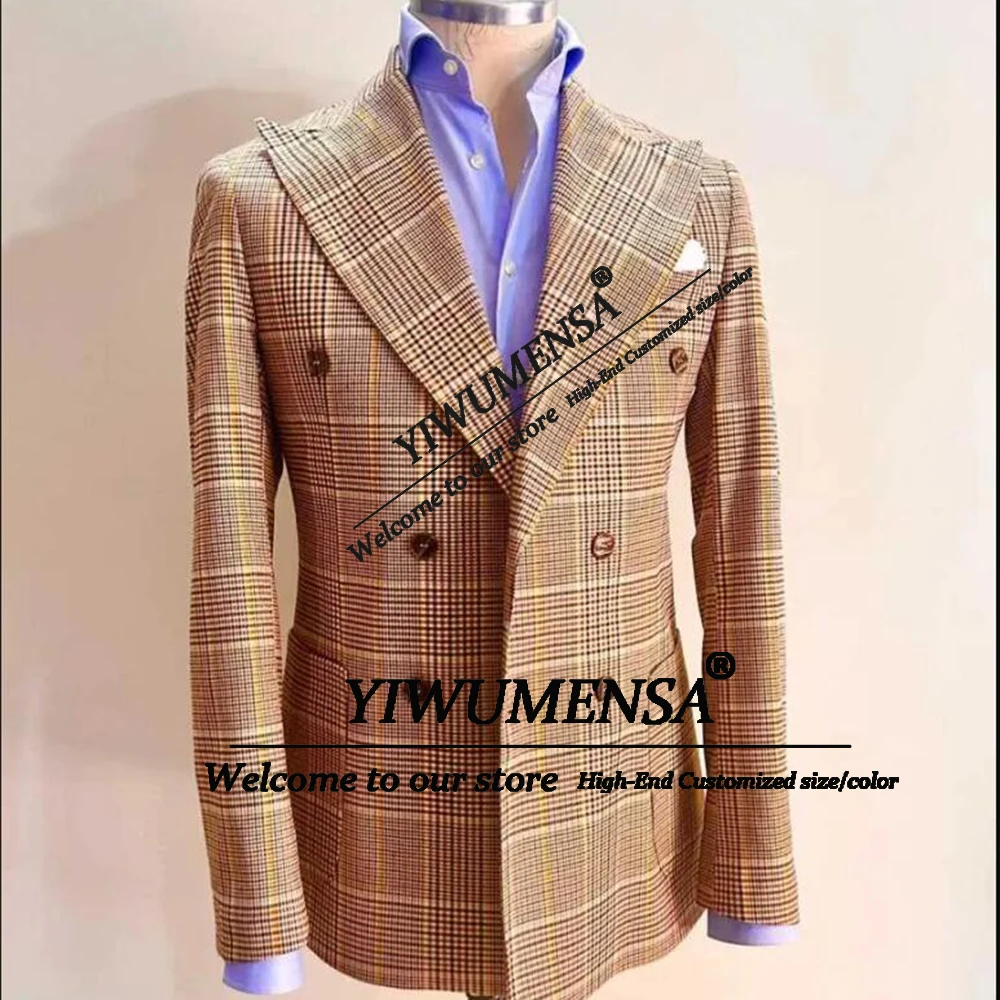 

Classic Men's Suit Jackets Retro Houndstooth Plaid Blazers Customized Double Breasted Groom Outfits 1 Piece Male Business Coat