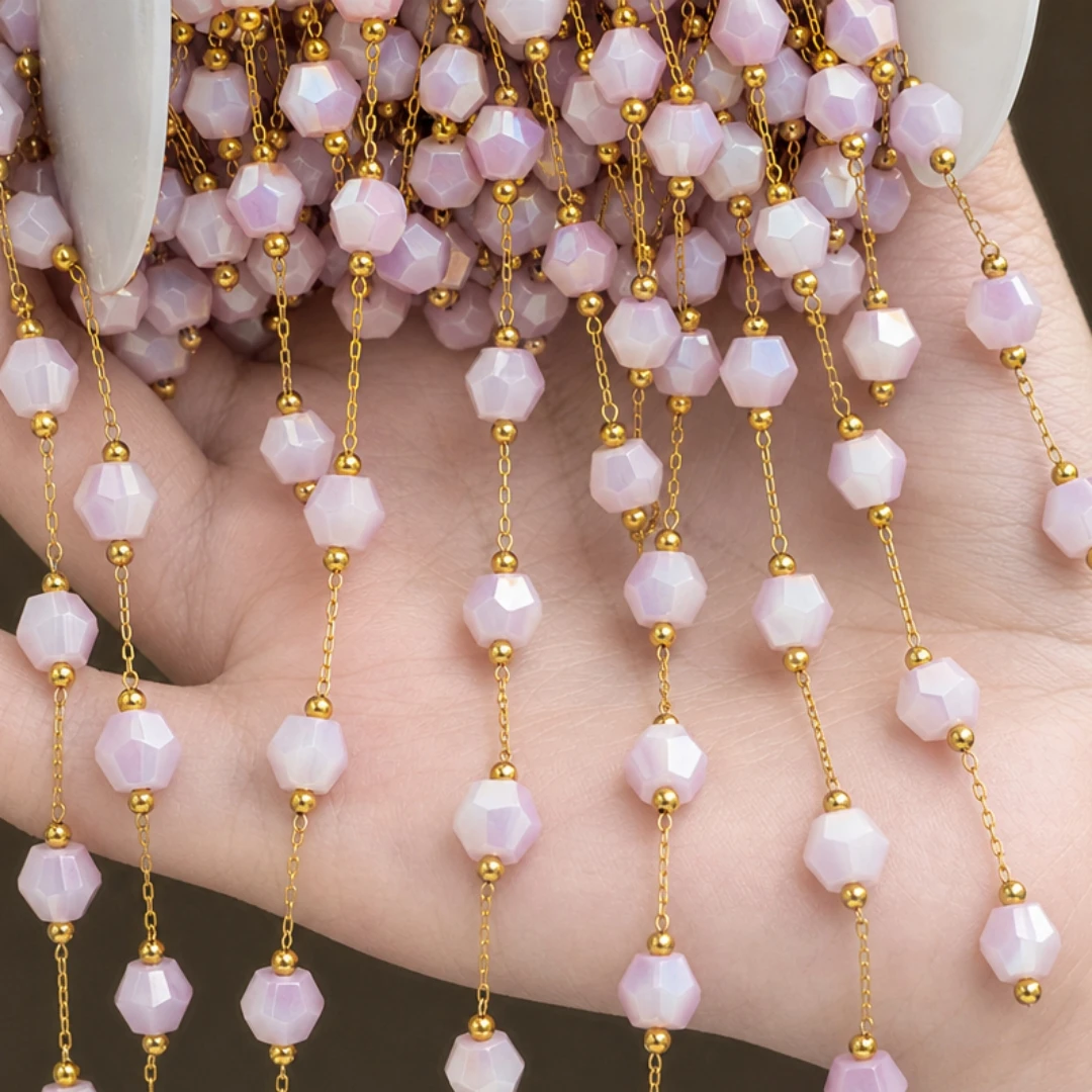 0.5m/1m Hexagon Pink Stone Bead Jewelry Making Chains Stainless Steel Jewelry Links for Handcraft DIY Bracelet Necklace Bulk