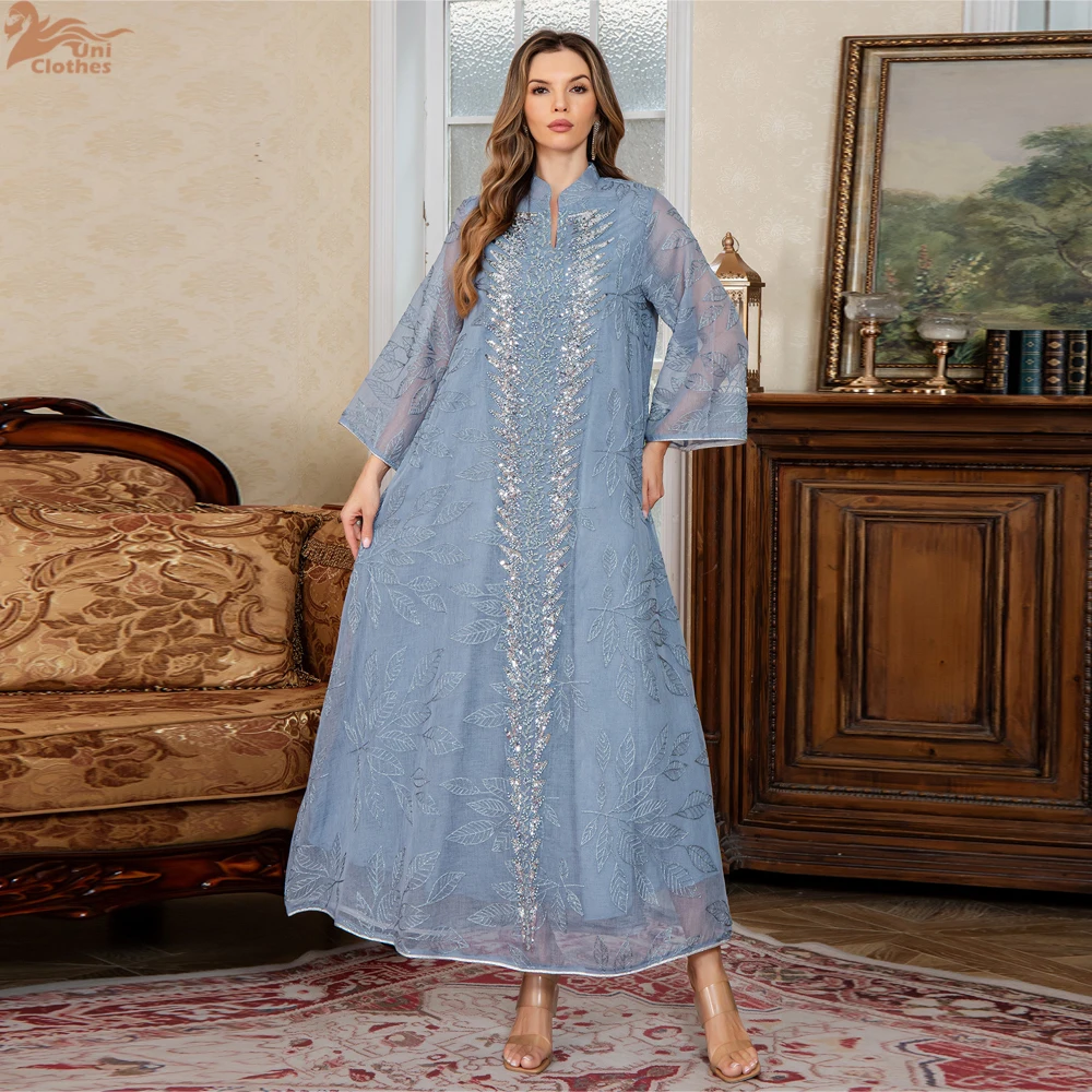 

Uni Новое мусульманское элегантное женское вечернее платье с вышивкой, Дубай, свободная Абая с сетчатыми рукавами