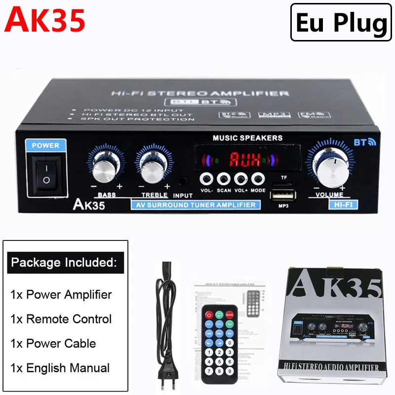 AMPLIFICADOR DE POTENCIA Digital AK35/AK45 para coche, dispositivo de sonido estéreo Hifi con Bluetooth, 2,0 canales, FM, USB, Control remoto