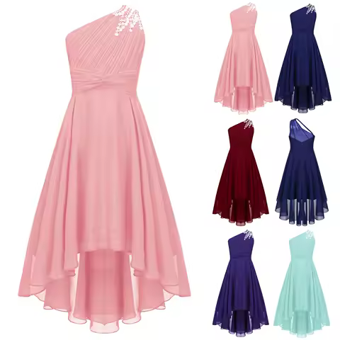 Flower Girl Dress Baby Kid Summer Princess Party Birthday Dresses Shiny Beaded One Shoulder Dress High Waist Dress Evening Proms