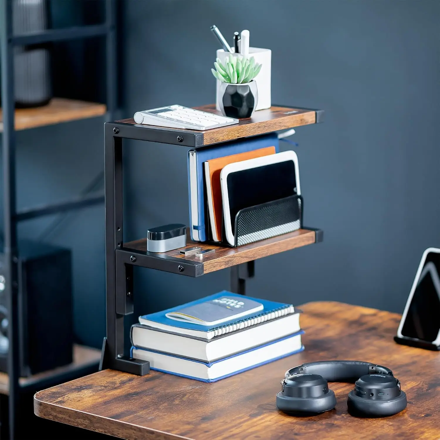 Desktop Organizer Premium Material 13 inch Desktop Tray Gaming 2-Tier Clamp-on All Season Brown