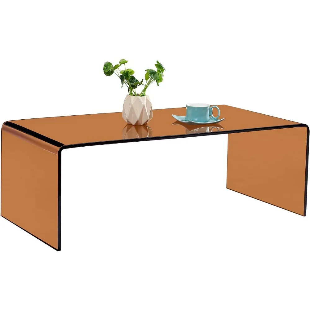 Modern Rectangular Brown Glass Coffee Table for Living Room, Small Tempered Glass Waterfall Design Sofa End Table 39.4 Inches