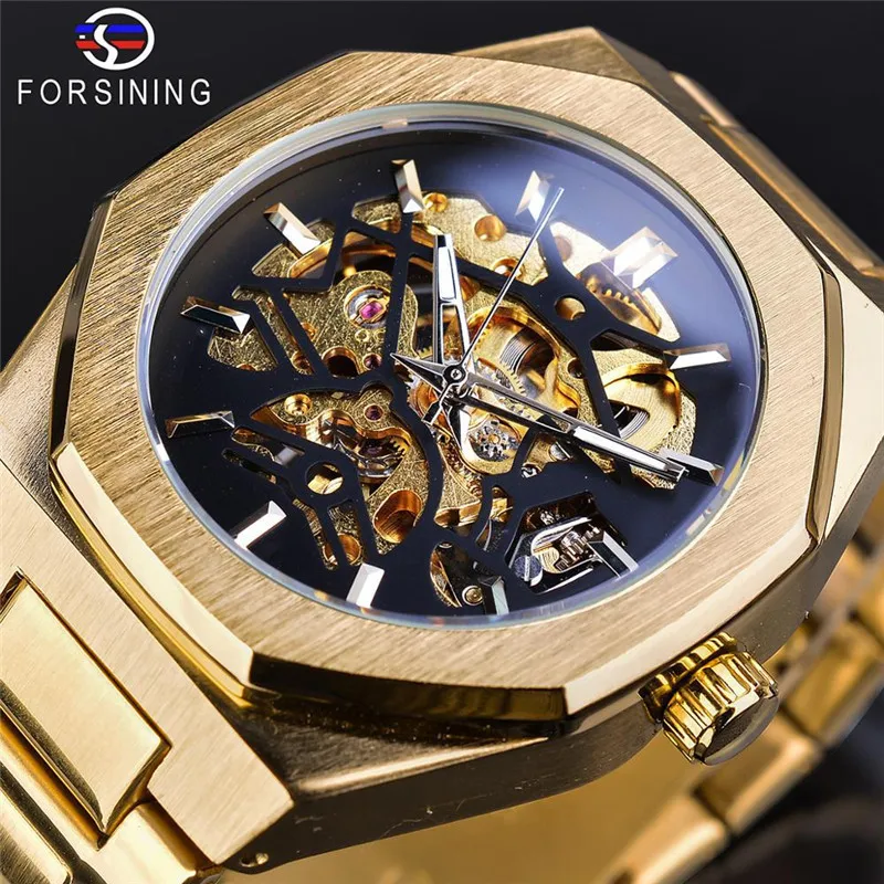 Automatic Men Watch Skeleton Dial Automatic Mechanical Wristwatches Stainless Steel Strap Waterproof Business Casual Male Clock