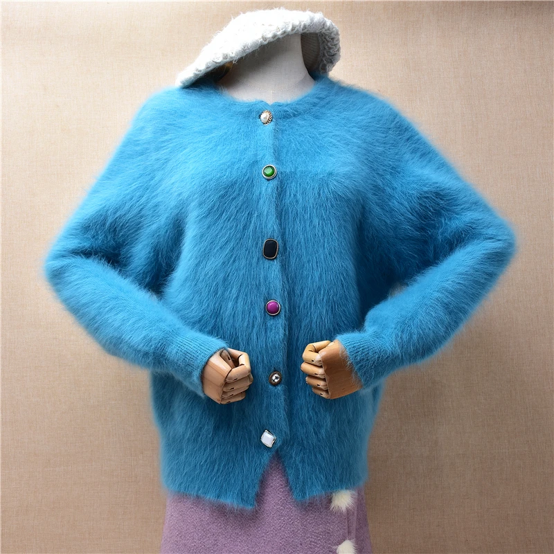 

Female Women Fall Winter Clothing Blue Hairy Angora Rabbit Hair Knitted Long Sleeves Loose Cardigans Mink Fur Sweater Jacket Top