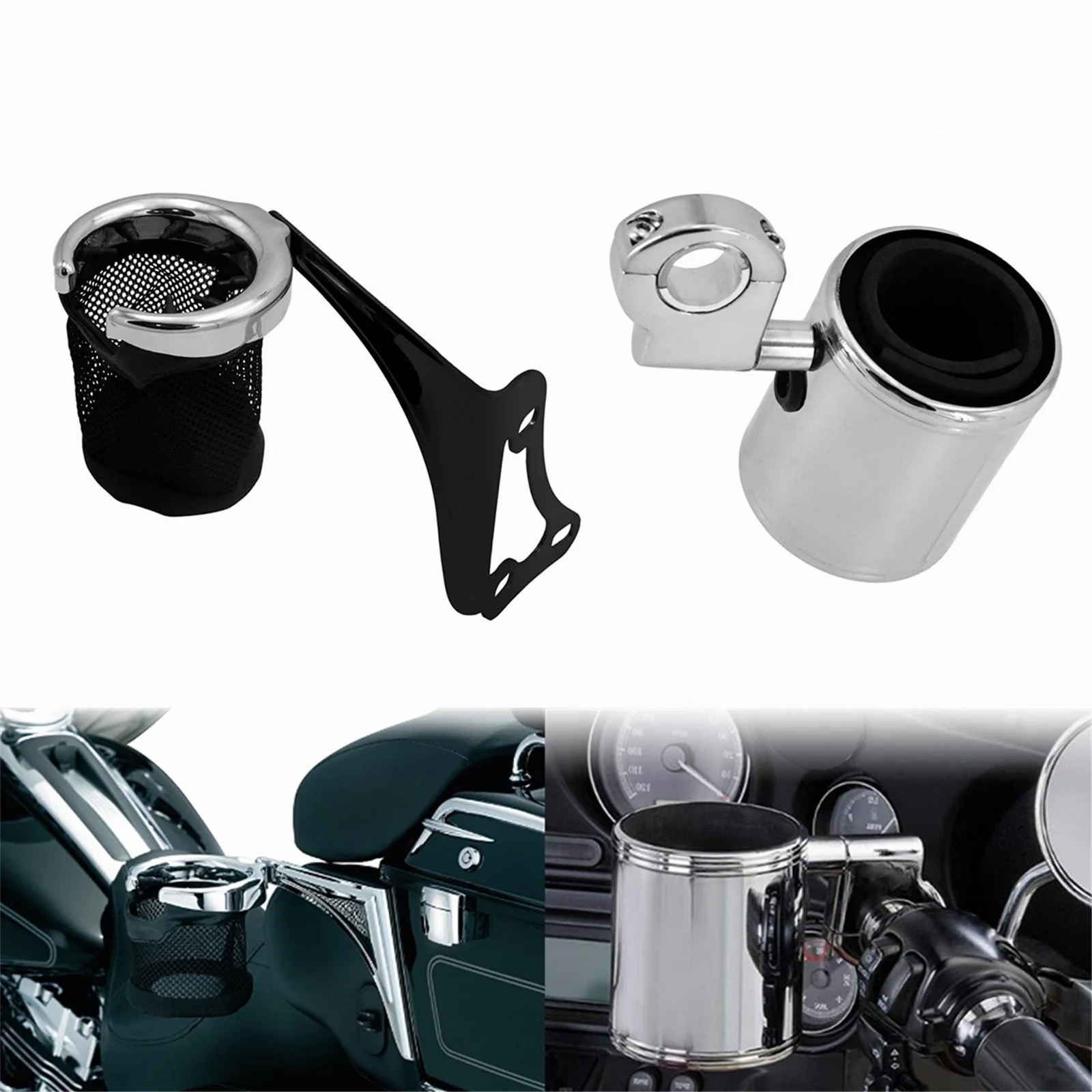 Suporte de copo para garrafa de bebida, guidão de metal cromado para motocicleta, suporte para bebidas de passageiro com cesta para harley touring road glide