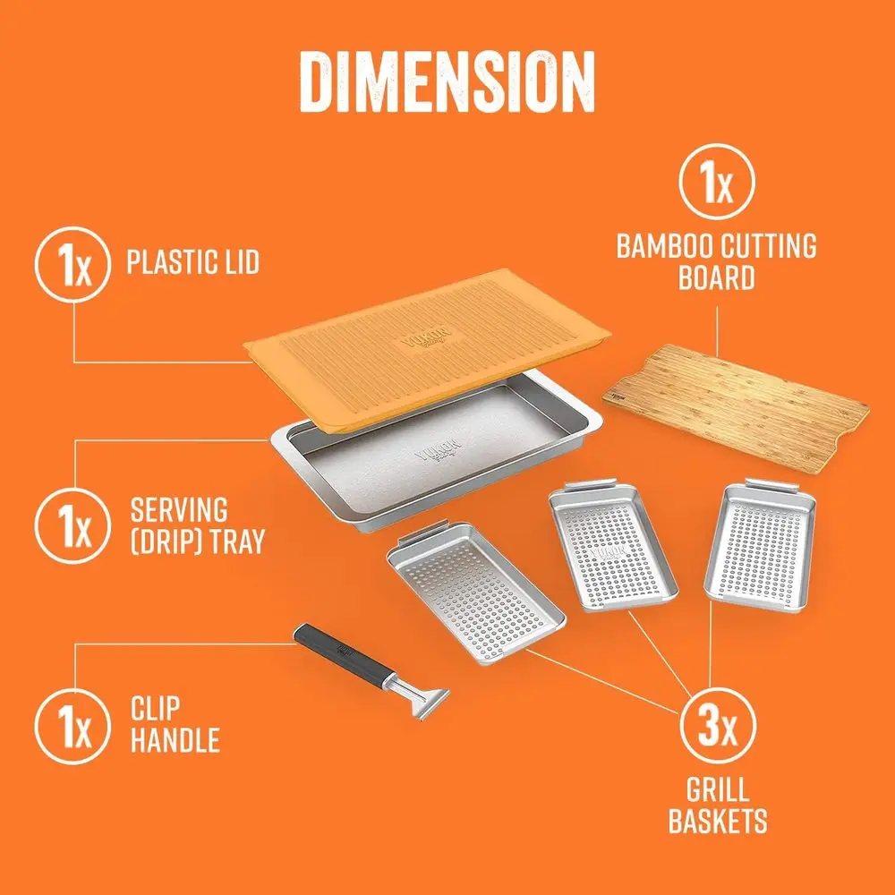 Conjunto de servir churrasco premium com 3 cestas, bandeja, placa de bambu, tampa e alça
