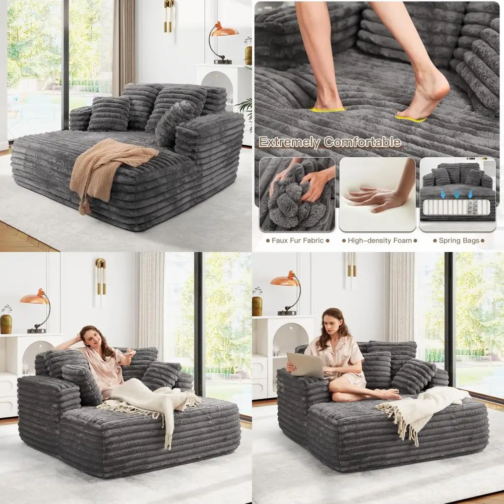 "Sedia chaise longue oversize in pelliccia sintetica felpata larga 56 pollici con divano letto e cuscini"