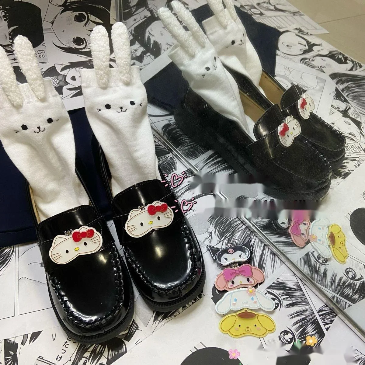 Sanrio Hello Kitty Kuromi My Melody Pom Pom Purin Cinnamoroll Uniform Shoes Cute Cartoon JK Shoes Soft Girl Trendy Leather Shoes