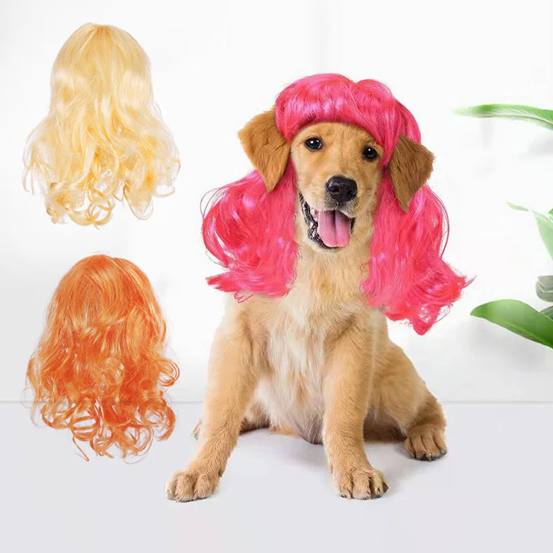 ペット用ロングカーリーヘアピース,ウィッグハットキャップ,ペット用品,犬と猫の頭のカバー,楽しいコスプレアクセサリー,キュート