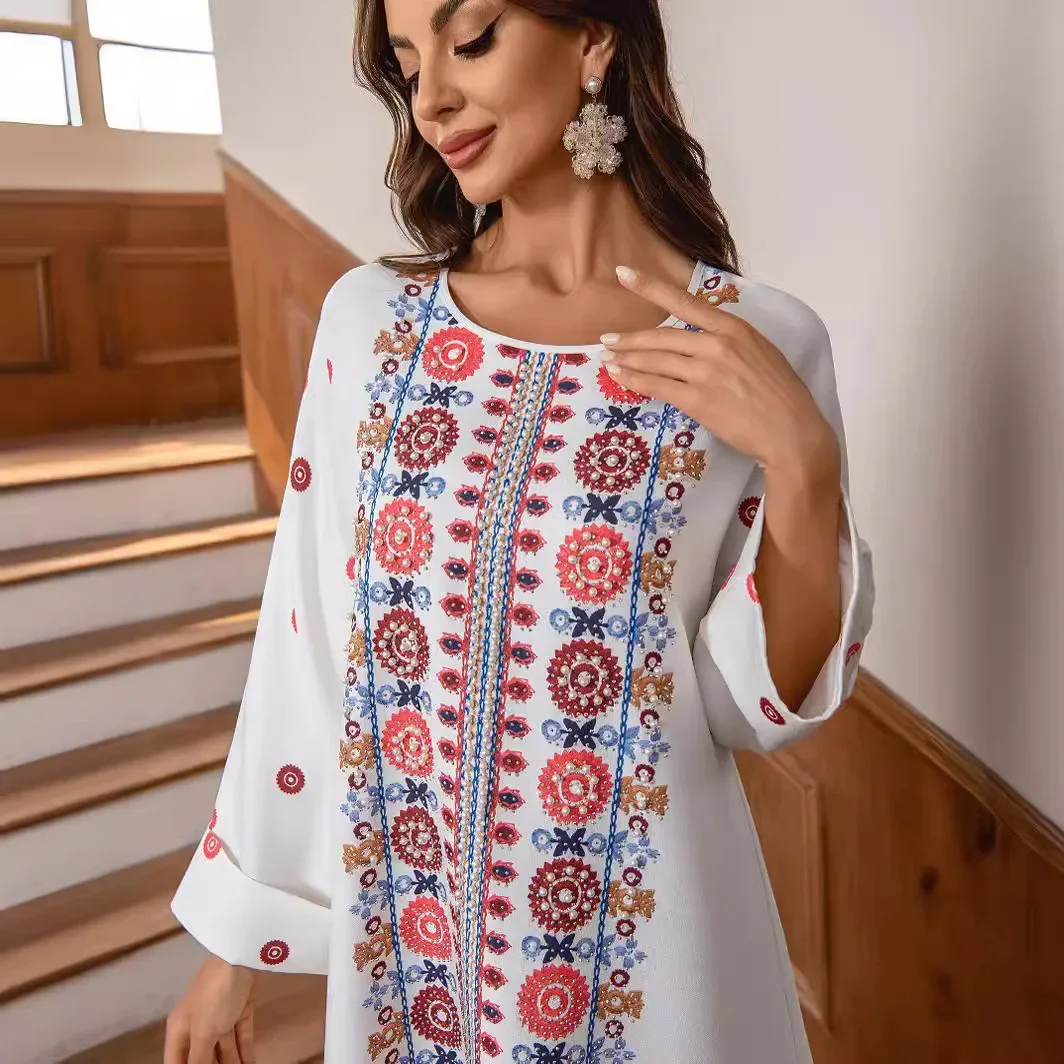 

Fashion Vintage Long Sleeve Abaya Dubai Female National Style Muslim Dress Women Printed Beads Elegant O-neck Dress for Women