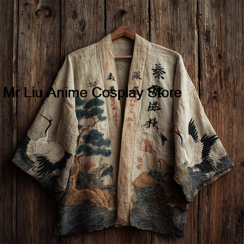 3D Traditional Japanese Kimono Cardigan Yukata  Haori Vintage Prited Half Sleeve Samurai Cosplay Costume Loose Men Shirt