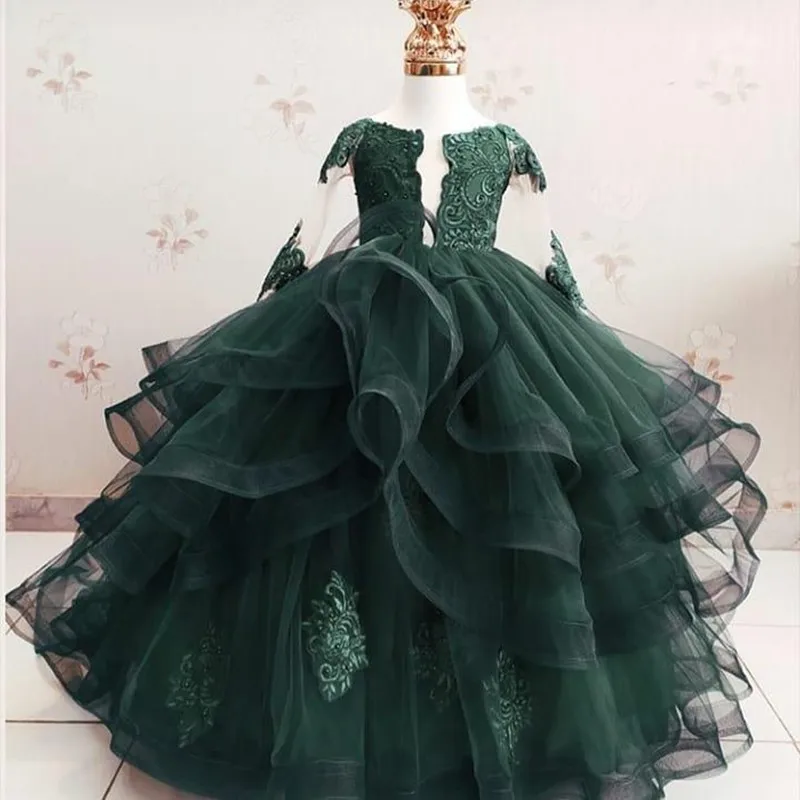 

Formal Dark Green Lace Ruffles Flower Girl Dresses Sheer Long Sleeves Wedding Ball Gown Communion Pageant Party Bithday Custome